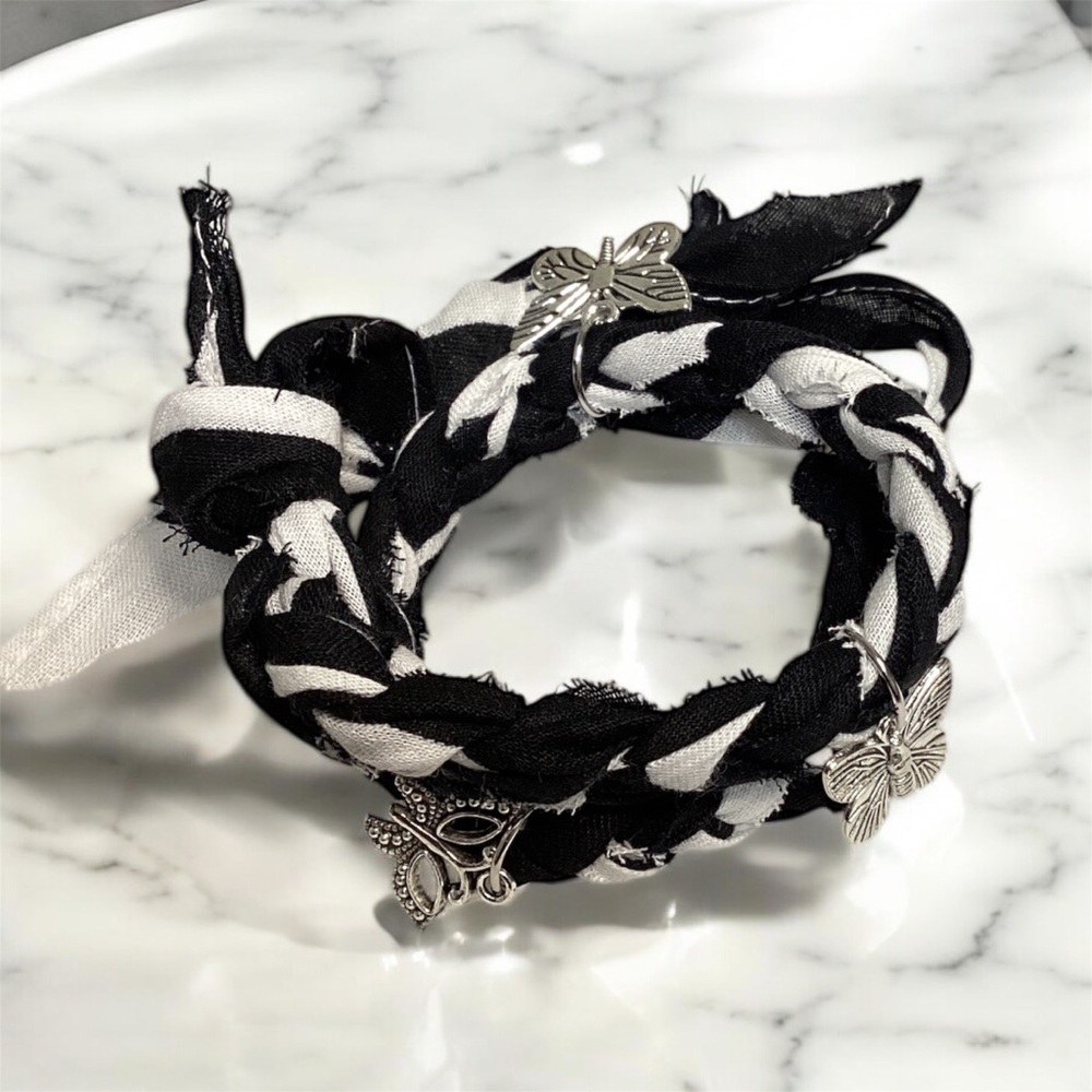 (#88) Handmade Black and White Braided Bracelet with Silver Accents